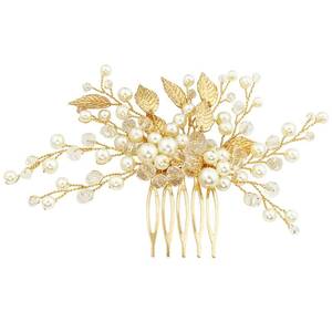 lot 10419 image: BETITETO Bridal Hair Comb Crystal Pearl Gold Leaf Wedding Hair Piece Accessories for Women Girls Party (Gold)