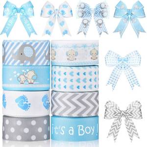 lot 10450 image: 8 Roll Baby Elephant Grosgrain Ribbon 78 Inch Baby Shower Its a BoyGirl Foot Print Ribbon for Gift Wrapping Shower Gender Reveal Party Diaper Cake Decor, 40 Yard Total(Blue)