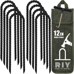 lot 12293 image: RIY Trampoline Stakes Anchors High Wind 12 Ground Anchor Heavy Duty Tent Stakes Swing Set Anchors Trampoline Accessories with T Hook - Black 8pcs