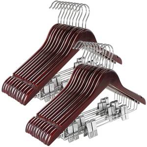 lot 13188 image: TOPIA HANGER Wooden Suit Hangers with Adjustable Metal Clips (20 Pack), Solid Wood Clothes Hangers, 360° Swivel Hook, Premium Retro Finish Pants Hangers for Clothes Coat, Jeans, Blouse- Cherry CT28M20