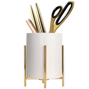 lot 14397 image: SIEBOLD Gold pencil cup Sturdy metal frame with white ceramic pen holder For desks and kitchen appliance holders