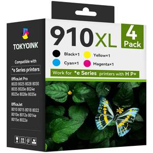 lot 14422 image: 910XL Replacement for HP 910XL Ink Cartridges for HP Printers HP910 HP910XL 910 Ink Work for Office Jet Pro 8010 8010e 8015e 8020 8020e 8022e 8025 8025e 8028e 8030 8035e Black and Color - 4 Pack