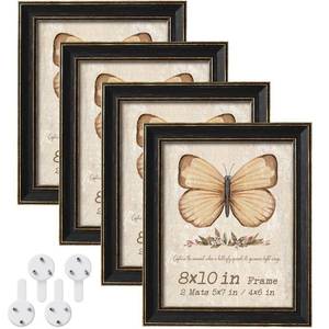 lot 19455 image: Black 8x10 Picture Frame Set of 4, Rustic Distressed Photo Frames with Mat for 5x7 or 4x6, Vintage 8 x 10 Farmhouse Frame with Tempered Glass , Wall Hanging or Tabletop Display, Home Decor, 4 Pack