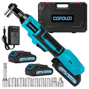 lot 19482 image: COPDUZI 21V 38 Cordless Ratchet Wrench Set, 89 ft-lbs (120Nm) High Torque Brushless Electric Ratchet with 2 x 2.0Ah Battery and Charger, Power Ratchet Kit with 7 Sockets,14 Adaptor, 3Extension Bar