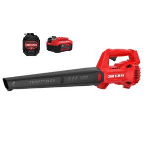 lot 19484 image: CRAFTSMAN V20 Leaf Blower Cordless with 4.0 Ah Battery and Charger, 90 MPH 200 CFM, Integrated Scraper, Lightweight, Easy Operation Handheld Blowers for Lawn Care (CMCBL710M1)