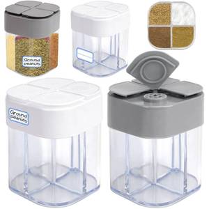 lot 20032 image: 4 Pack 4 in 1 Plastic Salt and Pepper Shaker, 4 Grids Flip Empty Spice Dispensers Travel Spice Container Compartment Seasoning Shakers with Lid Travel Spice Jars with Labels for Cooking BBQ