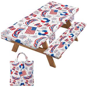 lot 20051 image: Apparlxer American Flag Picnic Table Cover with Bench Cover Set Independence Day Table Flag Waterproof Windproof Camping Tablecloth Outdoor Picnic Table Cover (Set of 3-72 x 30) (D)