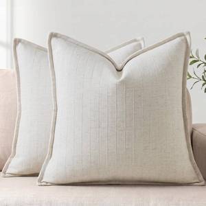 lot 20082 image: DEZENE 20x20 Linen Pillow Covers Beige Pack of 2 Farmhouse Boho Neutral Accents Striped Textured Square Decorative Throw Pillow Cases for Living Room Couch Bed Home Decor