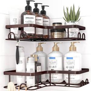lot 20089 image: Sakugi Corner Shower Caddy - 2 Pack, Adhesive Shower Organizers, Rustproof Stainless Steel Shower Shelves with 8 Hooks, No Drilling Bathroom Organizers and Storage Racks, Space-Saving, Brown, Medium