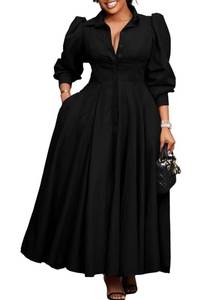lot 20100 image: Tbahhir Women Casual Button Down Dress Flowy V Neck High Waisted Bubble Sleeve Maxi Shirt Dresses Elegant Formal Outfits Black Small