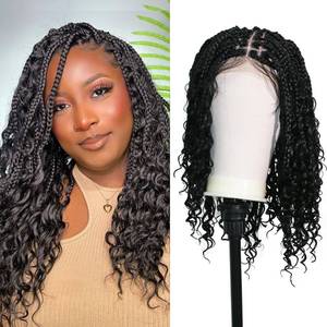 lot 20474 image: Janyuwool 18 Boho Knotless Box Braided Wigs Full Double Lace Short Braid Wig for Black Women Lace Frontal Human Hair Blended Braided Wig with Boho Curls Lace Front Braids Wigs with Baby Hair (Black)