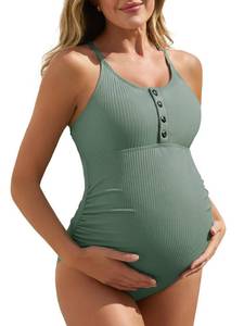 lot 20483 image: Summer Mae Maternity Swimsuit One Piece Bathing Suit Button Sage Green XL