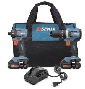 lot 1146 image: SENIX X2 20 Volt Max 2-Piece Cordless Power Tool Kit with Battery Powered 12-Inch Hammer Drill Driver and 14-Inch Impact Driver, Includes Soft Bag, 2 2.0 Ah Batteries & Charger