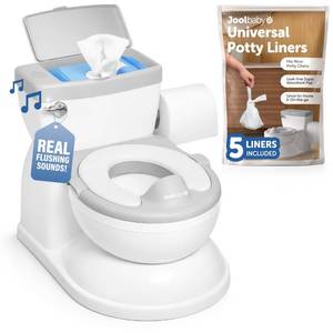 lot 1176 image: Jool Baby Real Feel 2-in-1 Potty with Wipes Storage, Flushing Sounds & Disposable Liners - Realistic Toilet - Easy to Clean & Assemble (Gray)