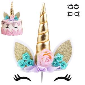 lot 2009 image: Zkptops Unicorn Cake Topper Birthday Party Supplies Unicorn Birthday Decorations Gold Horn Cake Topper Accessory with Eyelashes Cute Handmade Reusable Cake Toppers for Girls Kids Women 5.8 Inch