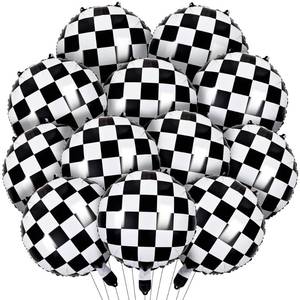lot 2047 image: 12 Pcs Checkered Balloons, 18 Inch Black and White Checkered Flag Foil Mylar Balloons for Racing Party Decorations, Race Car Birthday, 50s Diner, Chess Game Night