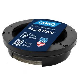 lot 2053 image: Camco Pop A Plate Dispenser - Measures 10.2 Diameter x 2.6 Tall - Holds 9 Paper Plates or 8 � - 9 Plastic Plates - Ideal for Compact Spaces - Mounts Under Cabinets or Shelves - Black (57006)