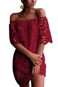 lot 2068 image: PRETTYGARDEN Womens Boho Off the Shoulder Lace Mini Dress, Wine Red,M