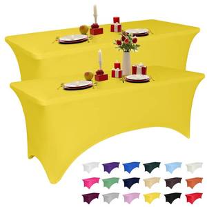 lot 2077 image: 2 Pack 6 Feet Yellow Spandex Tablecloth for Rectangular Tables, Fitted & Stretch, Washable, Wrinkle Resistant, Perfect for Event, Wedding, Party, Banquet, Cocktail, Festival, and Table Protector