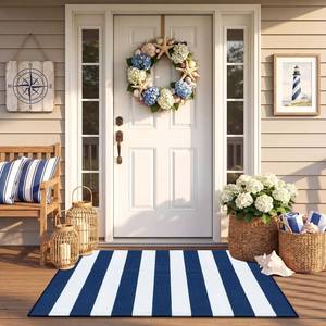 lot 2088 image: Duraaamo Nautical Navy White Stripe Outdoor Rug 2 X 3 for Front Porch