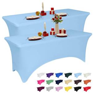 lot 2091 image: 2 Pack 6 Feet Light Blue Spandex Tablecloth for Rectangular Tables, Fitted & Stretch, Washable, Wrinkle Resistant, Perfect for Event, Wedding, Party, Banquet, Cocktail, Festival, and Table Protector