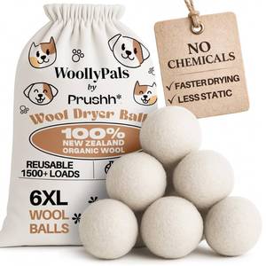 lot 2116 image: WoollyPals Dryer Balls (6-Pack, XL Size) - 100% New Zealand Wool - No More Dryer Sheets - Eco Dryer Balls - Reusable - Softens Laundry - Reduces Drying Time & Static - with Storage Bag (Plain White)