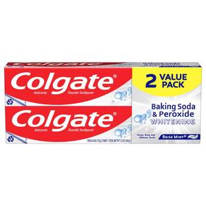 lot 2125 image: Colgate Baking Soda & Peroxide Toothpaste - Whitens Teeth, Fights Cavities & Removes Stains, Brisk Mint, 6 Ounce (Pack of 2)