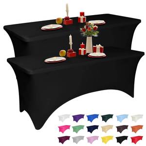 lot 2465 image: 2 Pack 6 Feet Black Spandex Tablecloth for Rectangular Tables, Fitted & Stretch, Washable, Wrinkle Resistant, Perfect for Event, Wedding, Party, Banquet, Cocktail, Festival, and Table Protector