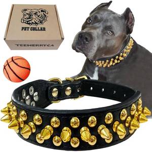 lot 2466 image: TEEMERRYCA Black Leather Dog Collar with Gold Spikes for Small Medium Large Pets, Pit BullsBulldog, Keep Dog Safe from Grabbing by Huge Dogs, L(15-18.5)