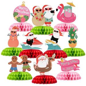 lot 2486 image: Christmas In July Honeycomb Centerpieces, 10-Pack Xmas In July Table Centerpiece, Party Decorations, Tropical Beach-Themed Hawaiian Luau Santa Decor for Pool Parties & BBQ