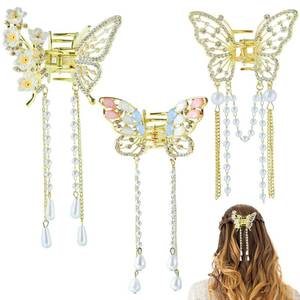 lot 2497 image: QXUJI 3PCS Butterfly Hair Claw Clip With Pearl and Rhinestone Tassel