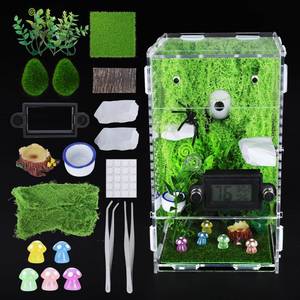 lot 3864 image: DIY Jumping Spider Enclosure, 4.7x4.7x7.9 Escape-Proof Spider Terrarium, Small Invertebrate Acrylic Accessories Set, with Temperature and Humidity Detector, Platform and Hide, Tweezer, Feeding Bowl
