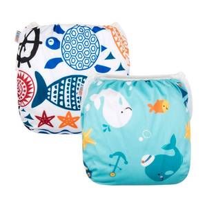 lot 4061 image: ALVABABY 2pcs Swim Diapers Baby & Toddler Snap One Size Reusable Adjustable Washable Baby Boy Swimming Diaper Cartoon Fish Small