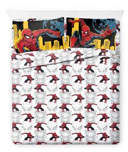 lot 4080 image: Jay Franco Kids Sheet Set with Fitted, Flat Sheets & Pillow Cover - Ultra-Soft Bedding with Pillowcase for Room Decor, White - Spiderman, 4 Piece Queen