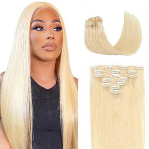 lot 4092 image: 18 Inch #613 Blonde Clip in Hair Extensions,Soft Real Human Hair 120g 7pcs,Brazilian Remy Clip ins for Women,Honey Blonde Clip ins Silky Straight Hair Extensions