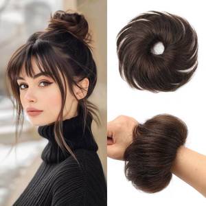lot 4134 image: FGZJMAE Messy Bun Hair Piece Human Hair Natural Curly Dark Brown Tousled Smooth Stretchy Fluffy Donut Updo Elastic Rubber Band Human Hair Chignons Scrunchies Hair Bun(1 Count #2 Darkest Brown)