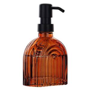 lot 4162 image: Glass Soap Dispenser for Kitchen and Bathroom Contertop Wash Hand Liquid, Dish Detergent, Farmhouse Style Shampoo Lotion Pump (1, Brown Glass with Black, 4 x 2x 6-58)