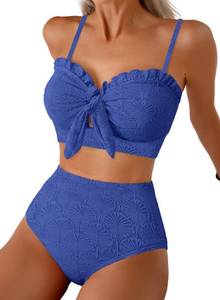lot 4171 image: Herseas Womens High Waisted Bikini Sets Seashell Textured Knotted Front Two Piece Sweetheart Neck Swim Suits 2026 Summer Ruffle Trim Bathing Suits Dark Blue Casual Vacation Outfits Medium