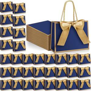 lot 7343 image: Kolldenn 50 Pcs Metallic Gift Bags with Handle 7.5 x 6 x 2.8 Inch Navy Blue Gold Thank You Bag with Bow Ribbon for Christmas Wedding Birthday Bridal Shower Bridesmaid Graduation Party Favor