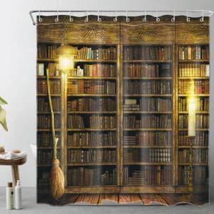 lot 8043 image: LB Gothic Bookshelf Shower Curtain, Brown Witchy Book Shower Curtains for Bathroom, Vintage Castle Library Magical Flying Broom Waterproof Washable Fabric Bath Curtain Set with Hooks, 72x72 inches