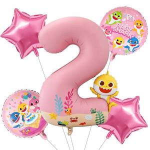 lot 8110 image: PartyWoo Baby Shark Pink Foil Round Star Mylar Number 2 Balloons 5pcs