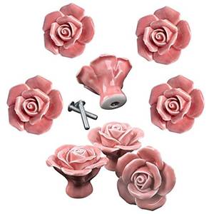 lot 8146 image: DLD Knobs, 8Pcs Elegant Pink Rose Pulls Flower Ceramic Cabinet Knobs Cupboard Drawer Pull Handles  Scre.