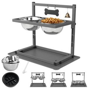 lot 9316 image: SHAINFUN Grey Raised Dog Bowl Stand with Two 1700ml Stainless Steel Food Bowl, a Slow Feeder and Silicone Pet Feeding Mat, Adjustable Dog Feeder, Elevated Dog Bowls for Large Medium and Small Dogs