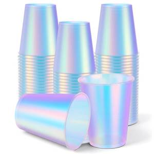 lot 9319 image: Oqqlin 50 Pcs Frosted Plastic Cups, 12 OZ Thickened Disposable Iridescent Cup Holographic Rainbow Beverage Cups for Wedding, Mermaid Party, Camping, Birthday