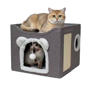 lot 9340 image: Cat Houses for Indoor Cats, Large Cats Bed Cave, Kitten Cube Box,Cat Condo with Scratching Pad, Hanging Fluffy Ball & Peekaboo Window, Foldable Hideaway Hand-Washable(16x16x13.3 Inches,Grey)