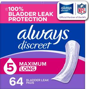 lot 9341 image: Always Discreet Adult Incontinence Pads for Women, Drier, 5 Drop Long Length, Heavy Absorbency, Pads for Bladder Control Management, Bladder Leaks, & Postpartum Pads, 64ct