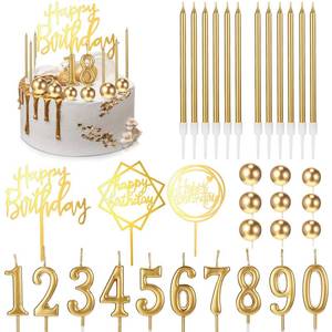 lot 12453 image: Yerliker 34-Pc Happy Birthday Cake Toppers & Candles Set Gold