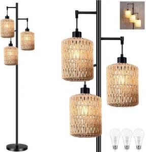 lot 13262 image: QIYIZM Floor Lamp for Living Room,Bedroom,3-Lights Boho Rattan Tree Floor Lights,Industrial Black Farmhouse Standing Lamp Wicker Rustic Tall Lamp,Woven Bamboo LampShade Floor Lamps Bohemian