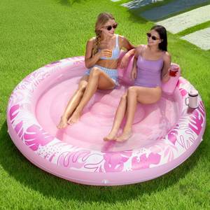 lot 13276 image: SLOOSH Inflatable Tanning Pool Lounger Float, 72 x 56 Pool Floats Adult with Pillow, 4 in 1 Round Suntan Tub Raft Floatie,Sunbathing Bed Lounge for Water Blow Up Ball Pit Party Gifts, Pink