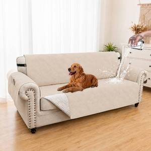 lot 13283 image: Eusalioy 100% Waterproof Couch Cover for Dogs, Washable Anti-Slip Sofa Cover with Elastic Straps & Side Pockets, Quilted Furniture Protector for Kids & Pets (Oversize Sofa 78, Beige)